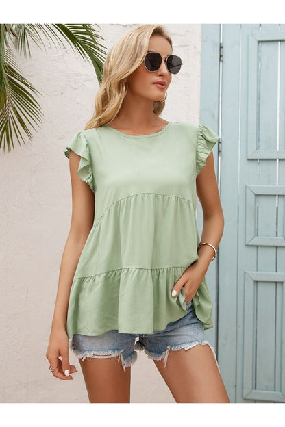 Round Neck Flutter Sleeve Tiered Blouse - Blouses - FITGGINS