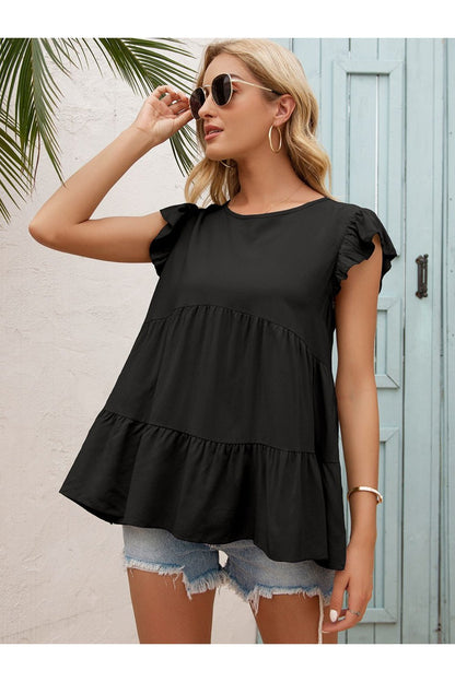 Round Neck Flutter Sleeve Tiered Blouse - Blouses - FITGGINS