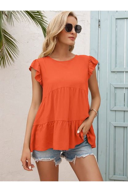 Round Neck Flutter Sleeve Tiered Blouse - Blouses - FITGGINS