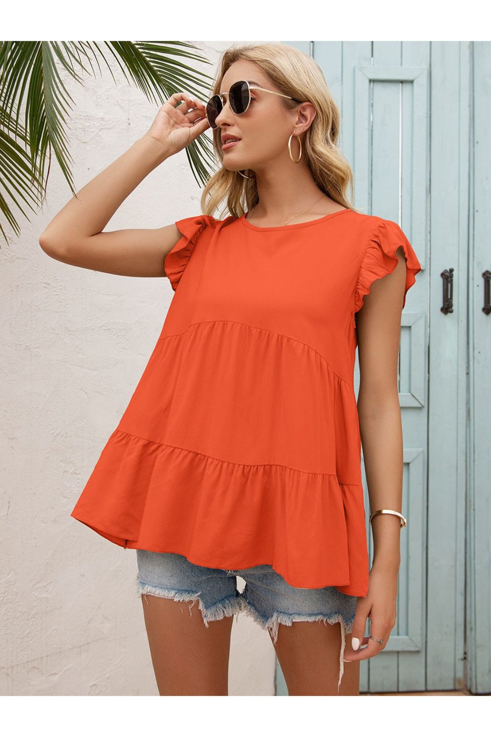 Round Neck Flutter Sleeve Tiered Blouse - Blouses - FITGGINS