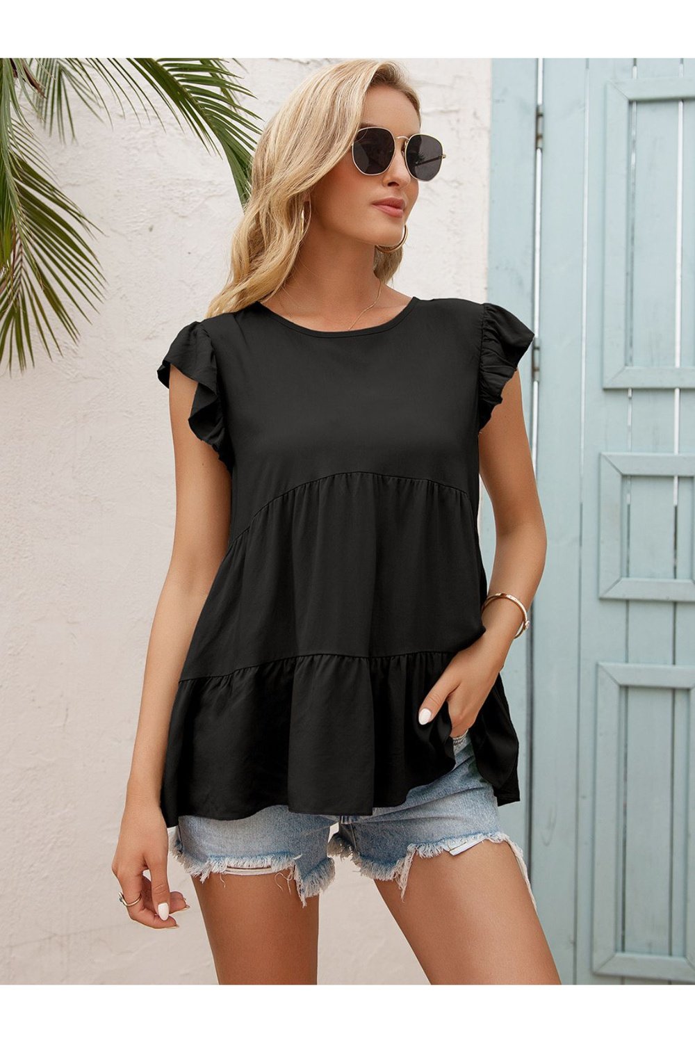 Round Neck Flutter Sleeve Tiered Blouse - Blouses - FITGGINS