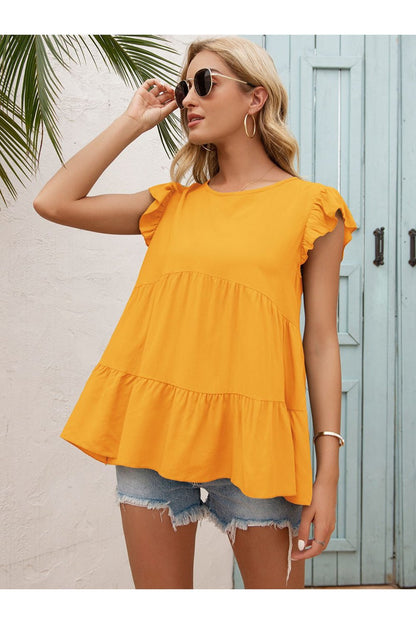 Round Neck Flutter Sleeve Tiered Blouse - Blouses - FITGGINS