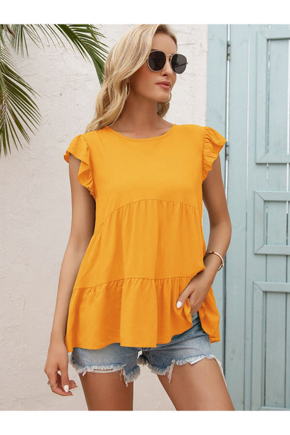 Round Neck Flutter Sleeve Tiered Blouse - Blouses - FITGGINS