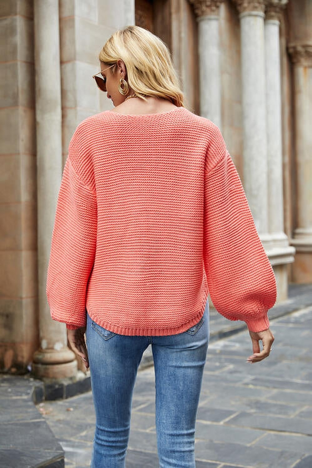 Round Neck Lantern Sleeve Sweater - Pullover Sweaters - FITGGINS