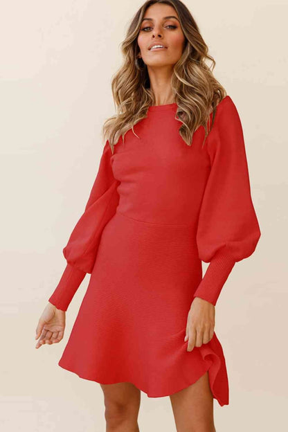 Round Neck Lantern Sleeve Sweater Dress - Sweater Dresses - FITGGINS