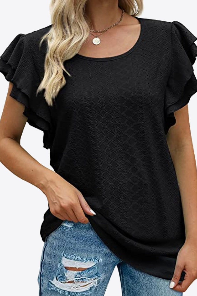 Round Neck Layered Flutter Sleeve Blouse