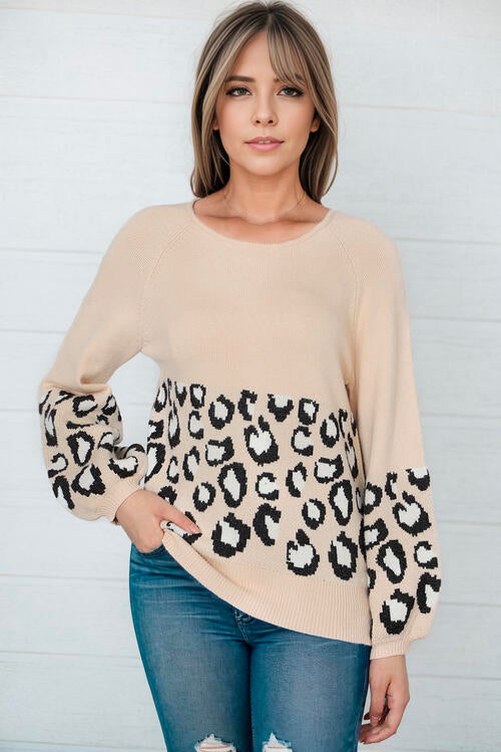 Round Neck Leopard Print Stitched Long-Sleeved Sweater - Pullover Sweaters - FITGGINS