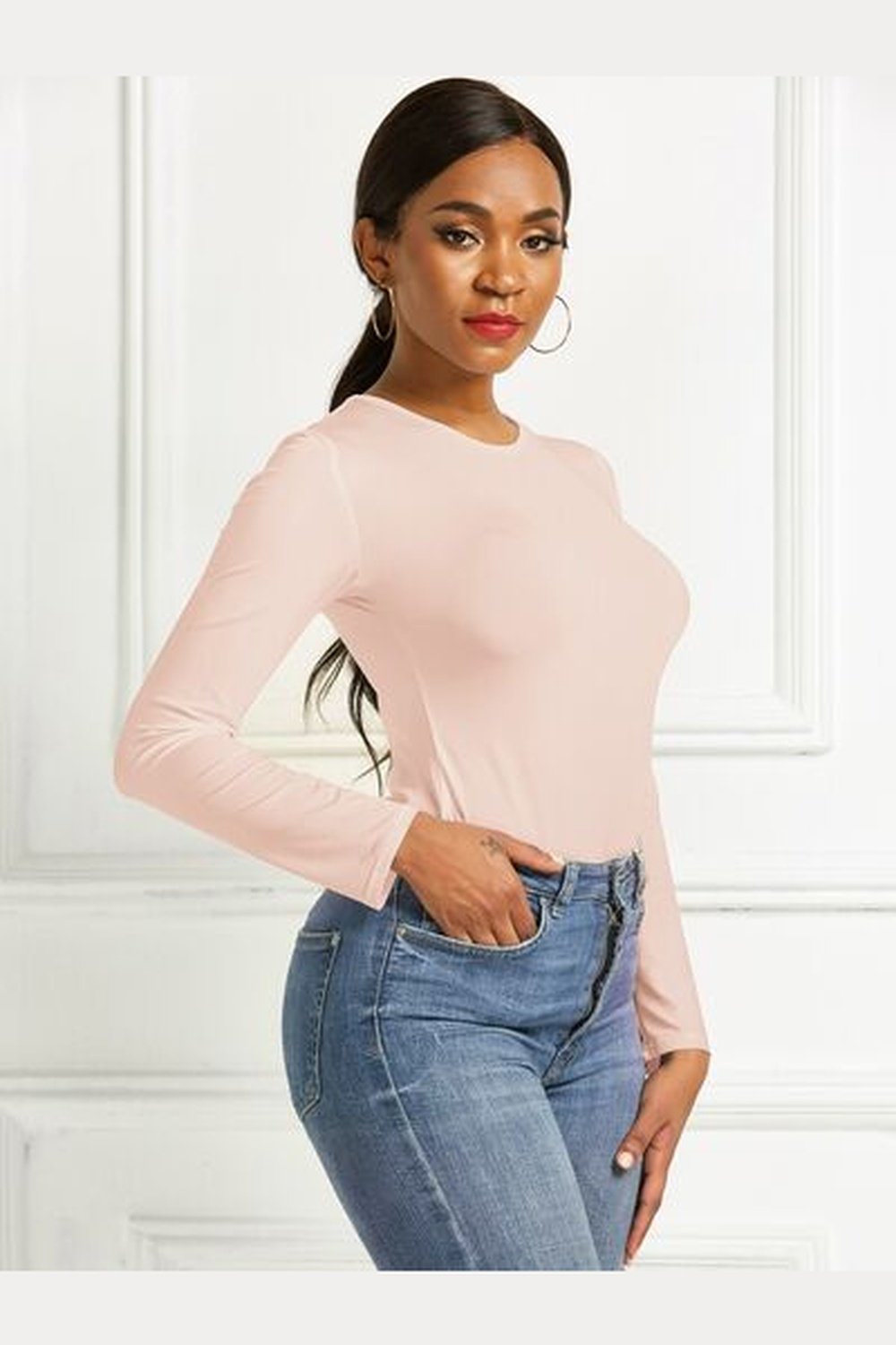 Round Neck Long Sleeve Bodysuit - Bodysuit - FITGGINS