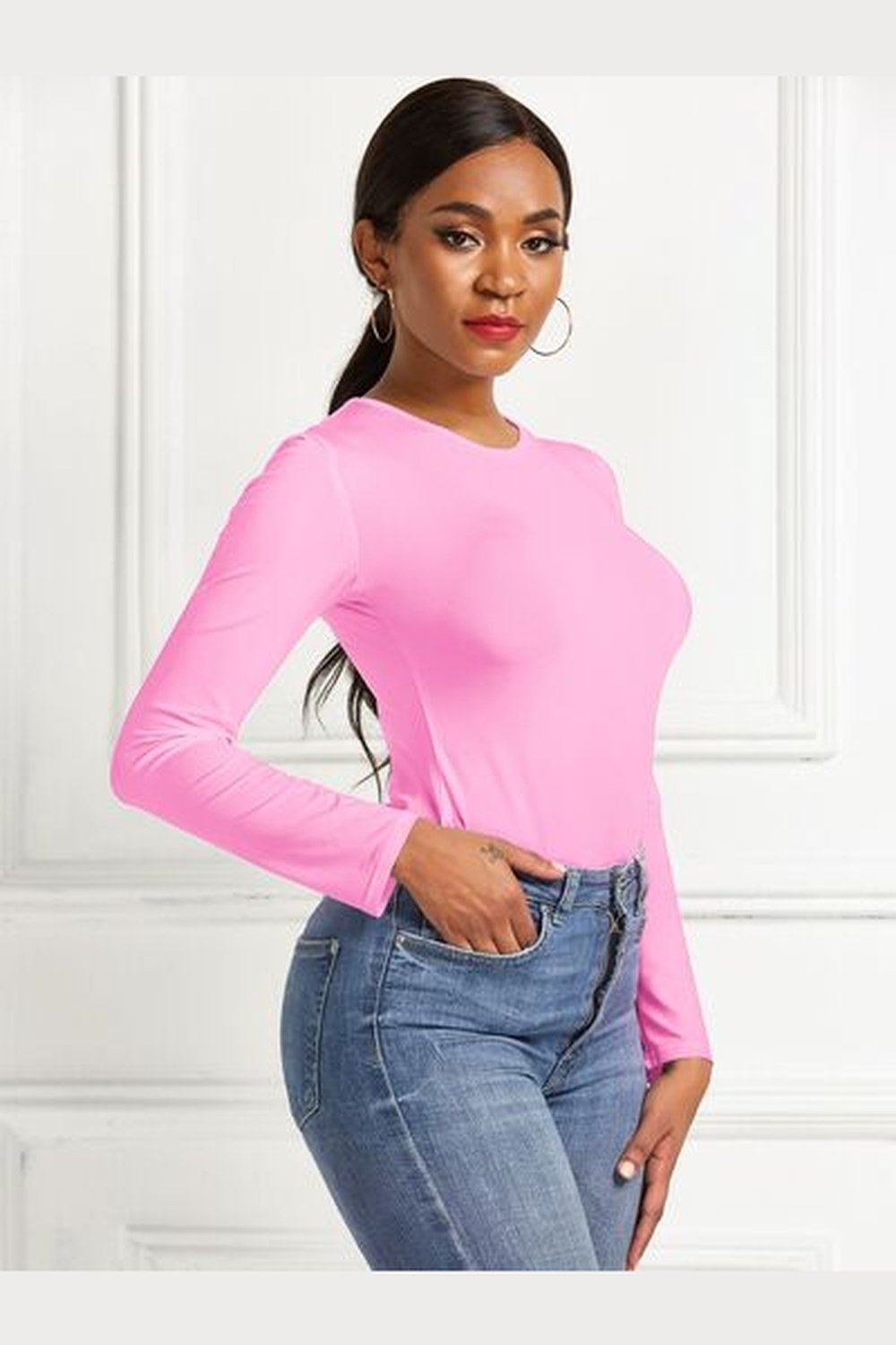 Round Neck Long Sleeve Bodysuit - Bodysuit - FITGGINS