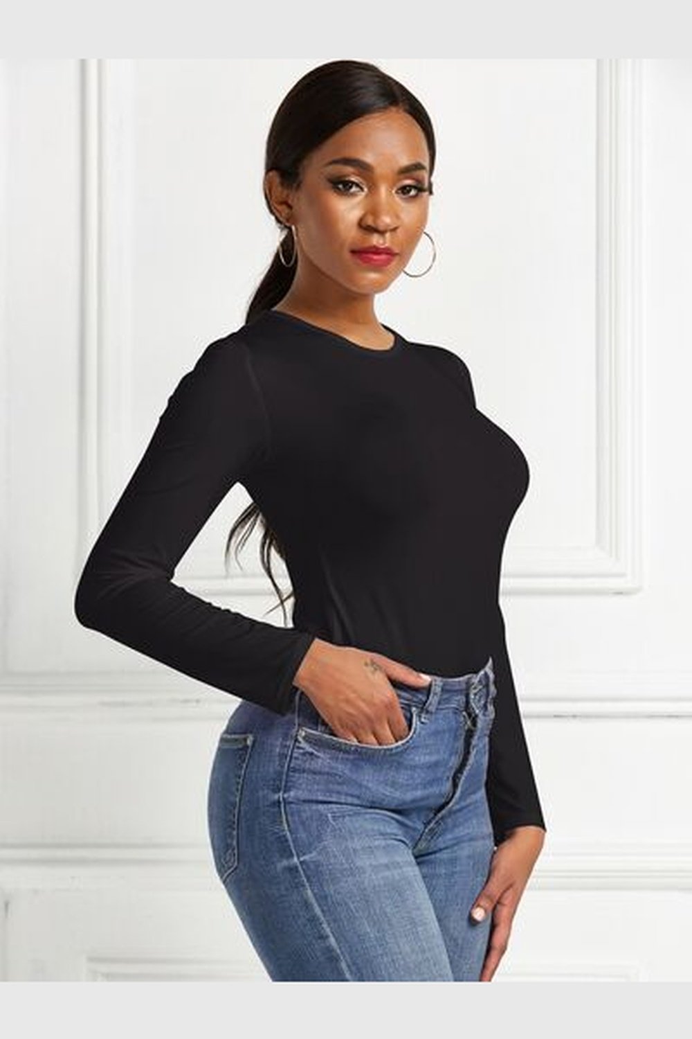 Round Neck Long Sleeve Bodysuit - Bodysuit - FITGGINS