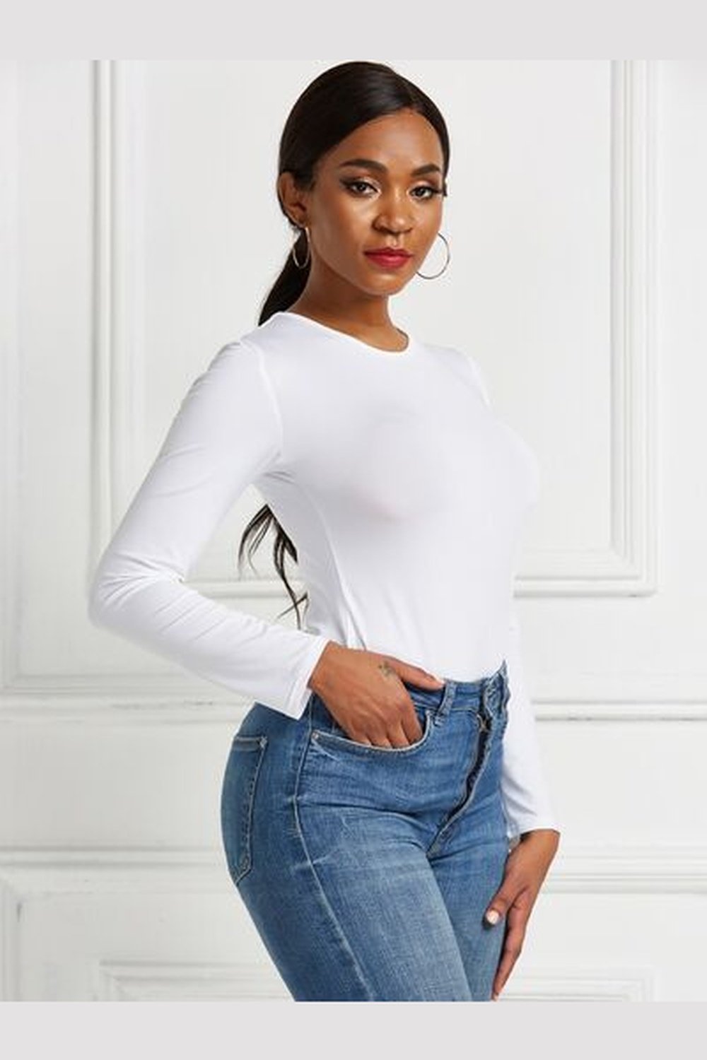 Round Neck Long Sleeve Bodysuit - Bodysuit - FITGGINS