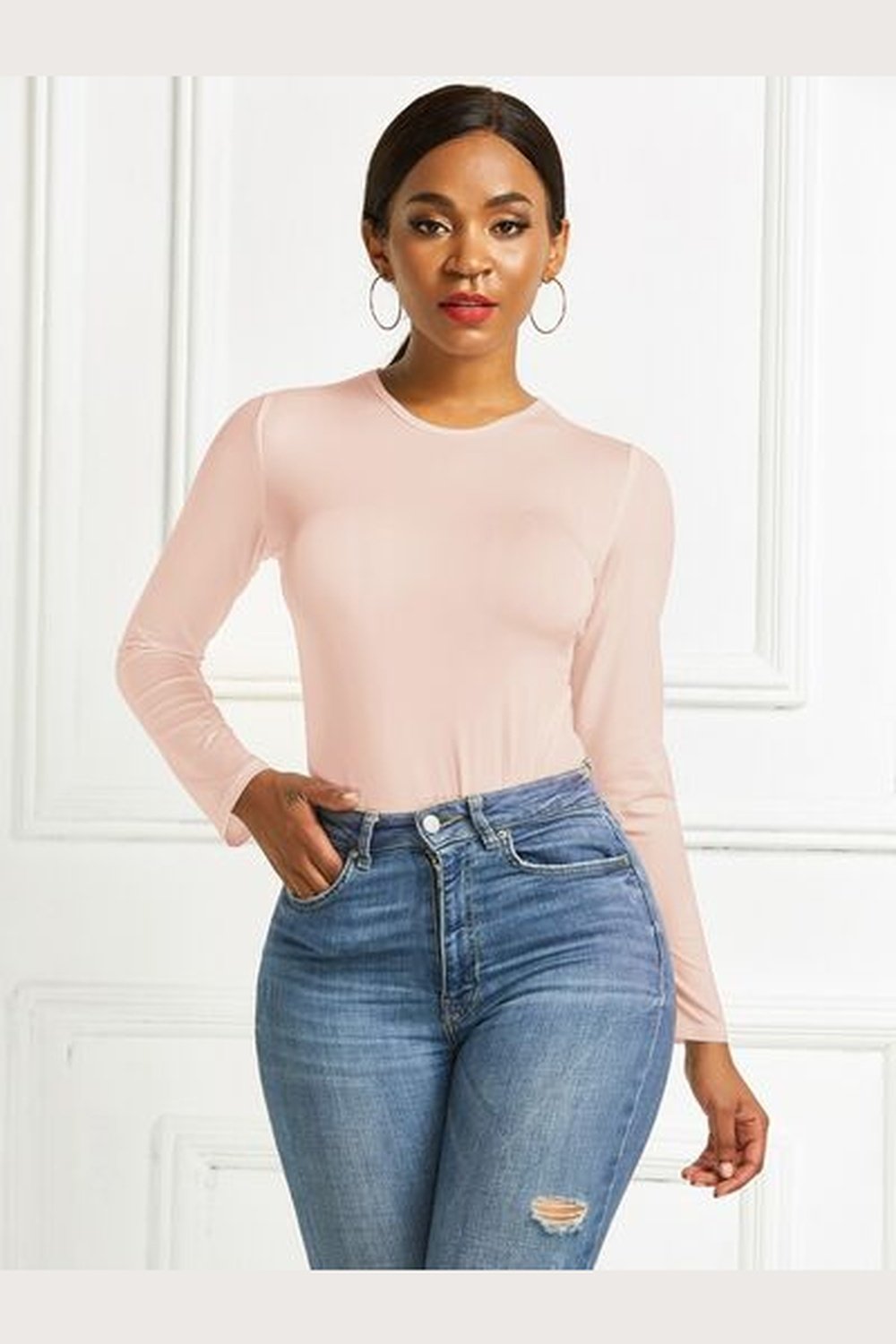 Round Neck Long Sleeve Bodysuit - Bodysuit - FITGGINS