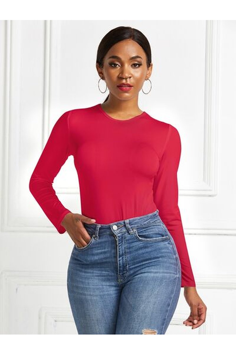 Round Neck Long Sleeve Bodysuit - Bodysuit - FITGGINS