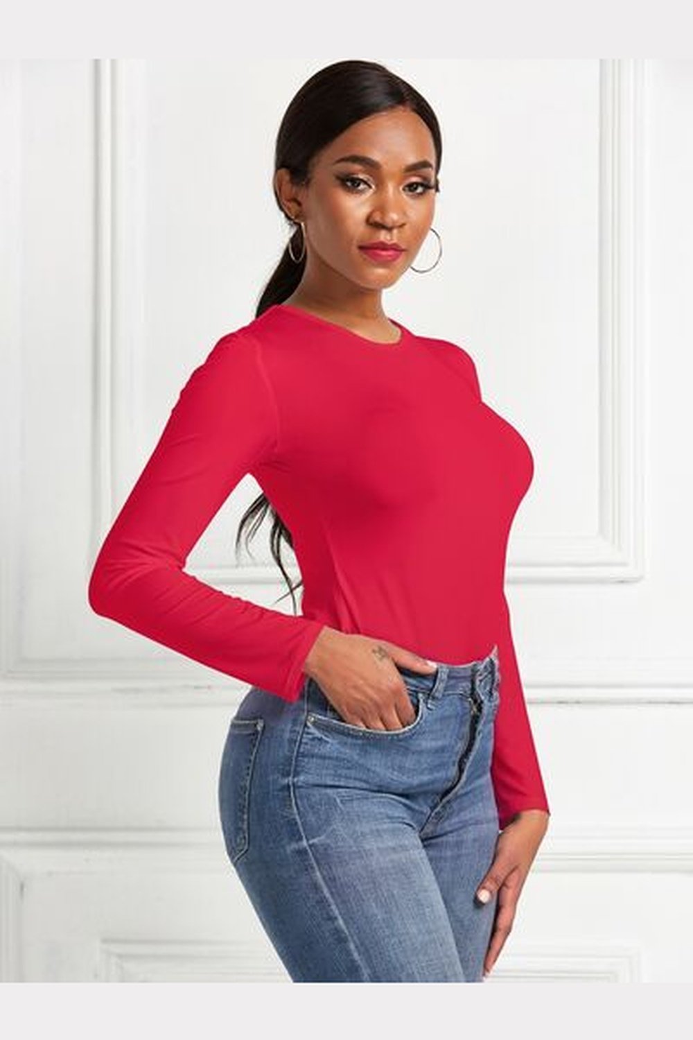 Round Neck Long Sleeve Bodysuit - Bodysuit - FITGGINS