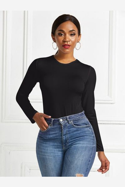 Round Neck Long Sleeve Bodysuit - Bodysuit - FITGGINS