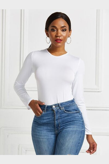 Round Neck Long Sleeve Bodysuit - Bodysuit - FITGGINS