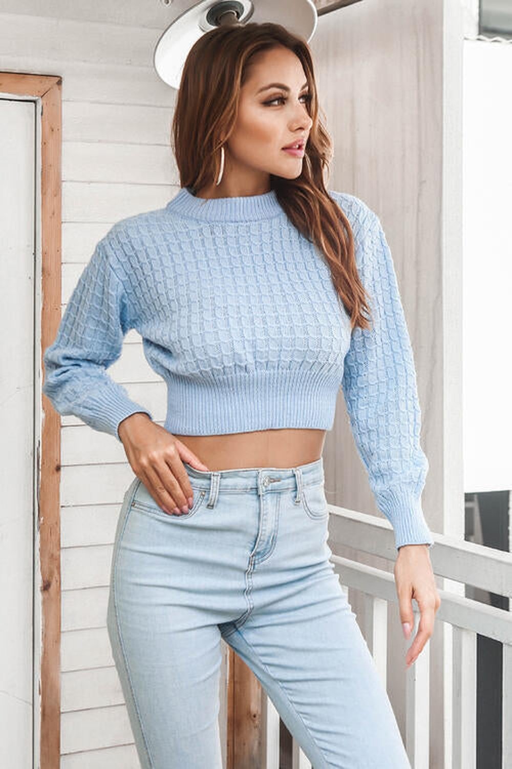 Round Neck Long Sleeve Cropped Sweater - Pullover Sweaters - FITGGINS