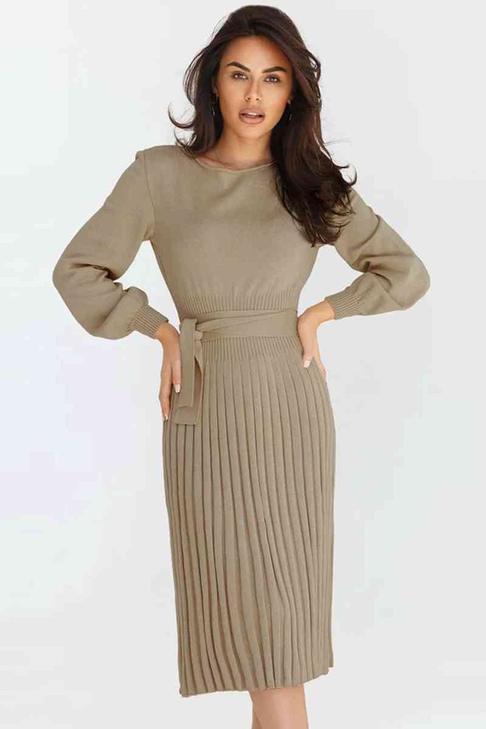 Round Neck Long Sleeve Pleated Sweater Dress - Sweater Dresses - FITGGINS
