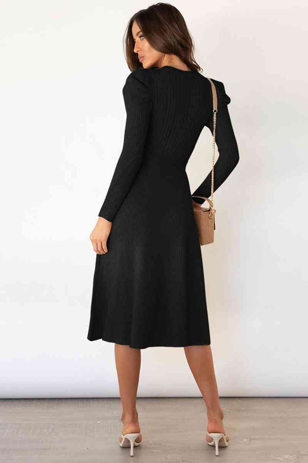 Round Neck Long Sleeve Tie Waist Sweater Dress - Sweater Dresses - FITGGINS