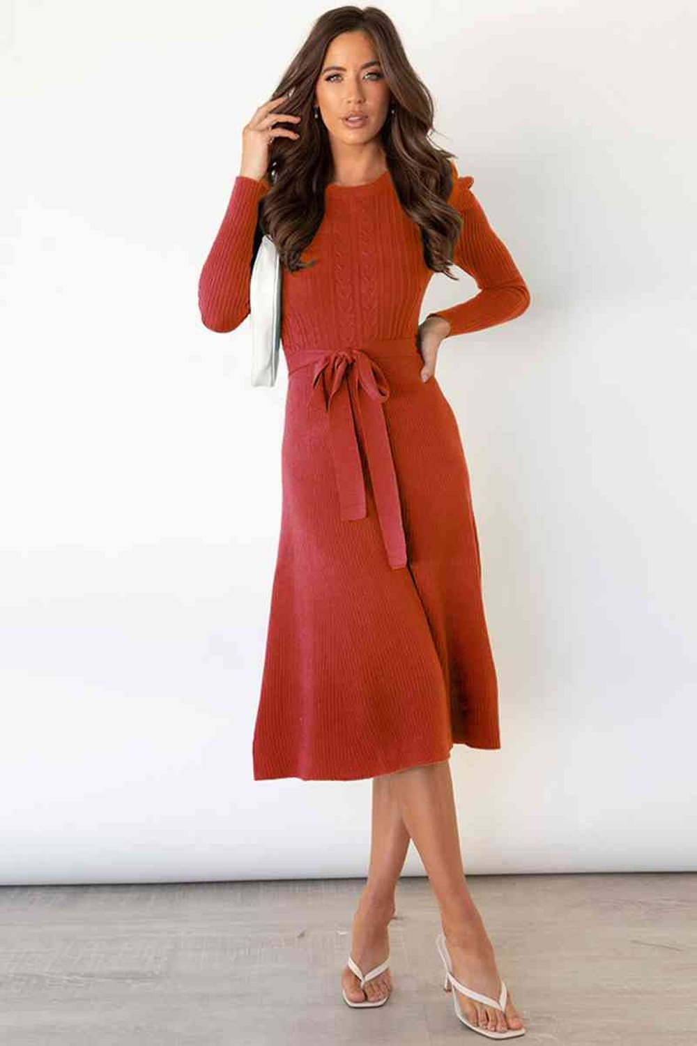 Round Neck Long Sleeve Tie Waist Sweater Dress - Sweater Dresses - FITGGINS