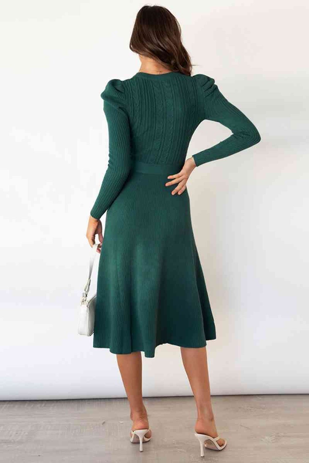 Round Neck Long Sleeve Tie Waist Sweater Dress - Sweater Dresses - FITGGINS