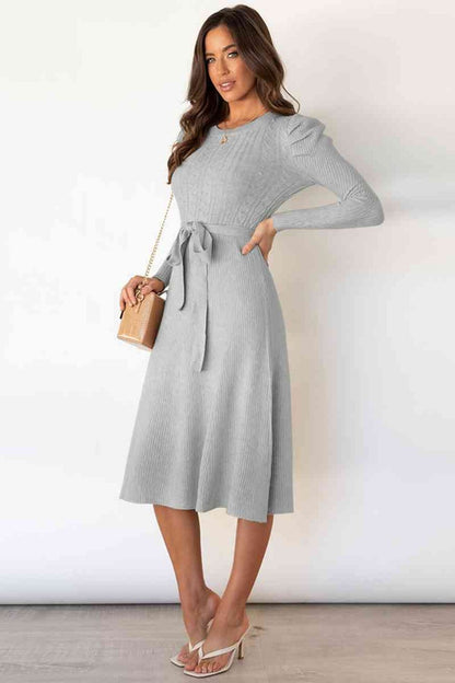 Round Neck Long Sleeve Tie Waist Sweater Dress - Sweater Dresses - FITGGINS