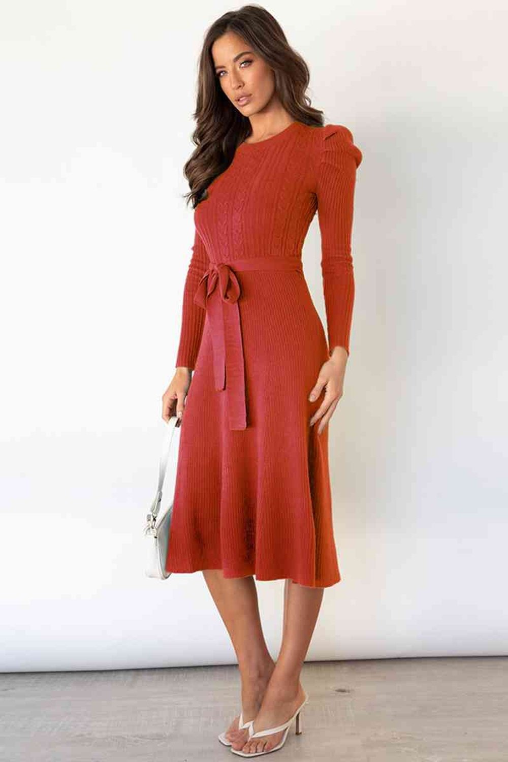 Round Neck Long Sleeve Tie Waist Sweater Dress - Sweater Dresses - FITGGINS