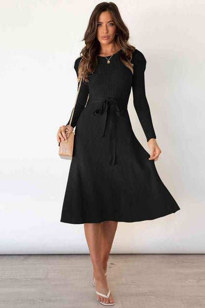 Round Neck Long Sleeve Tie Waist Sweater Dress - Sweater Dresses - FITGGINS