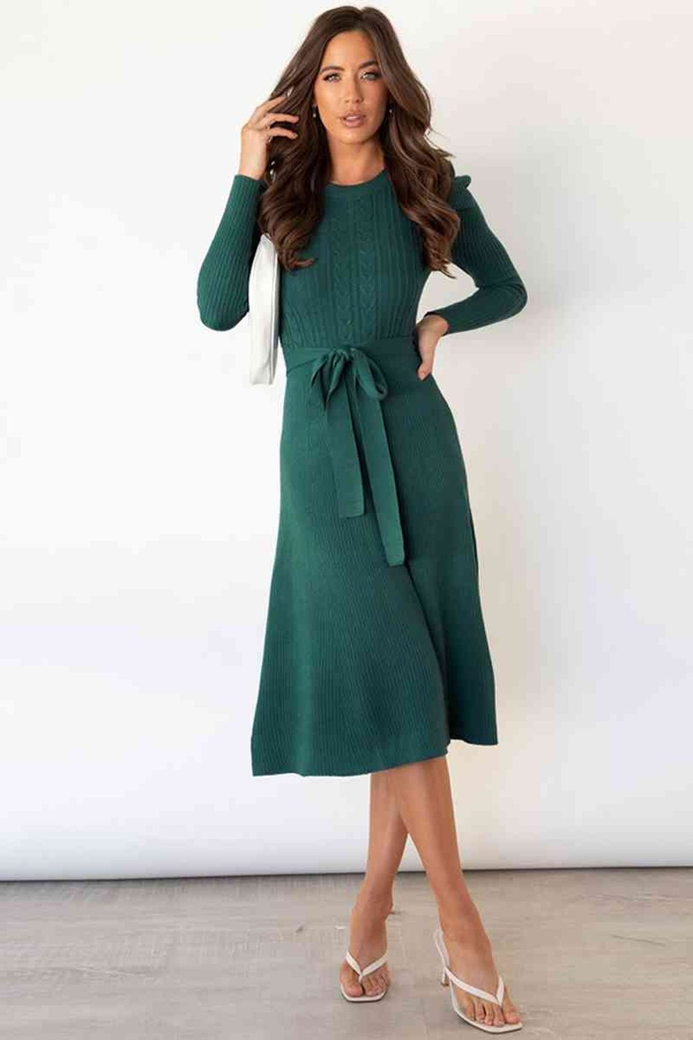 Round Neck Long Sleeve Tie Waist Sweater Dress - Sweater Dresses - FITGGINS