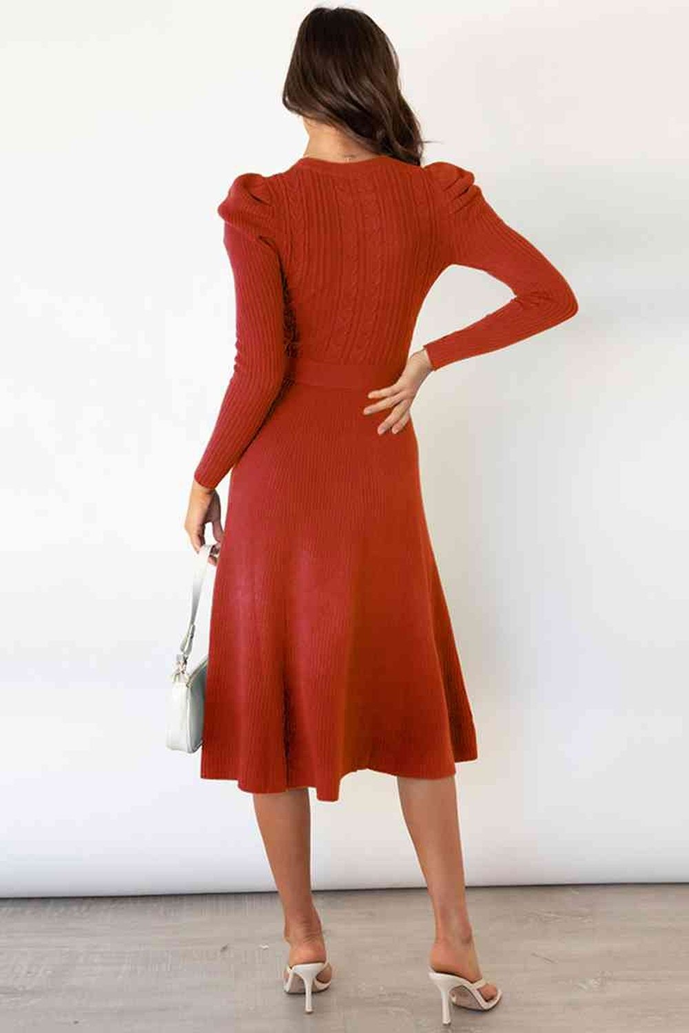 Round Neck Long Sleeve Tie Waist Sweater Dress - Sweater Dresses - FITGGINS