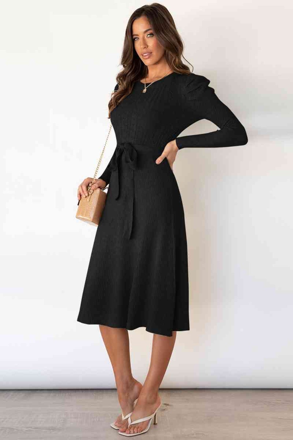 Round Neck Long Sleeve Tie Waist Sweater Dress - Sweater Dresses - FITGGINS