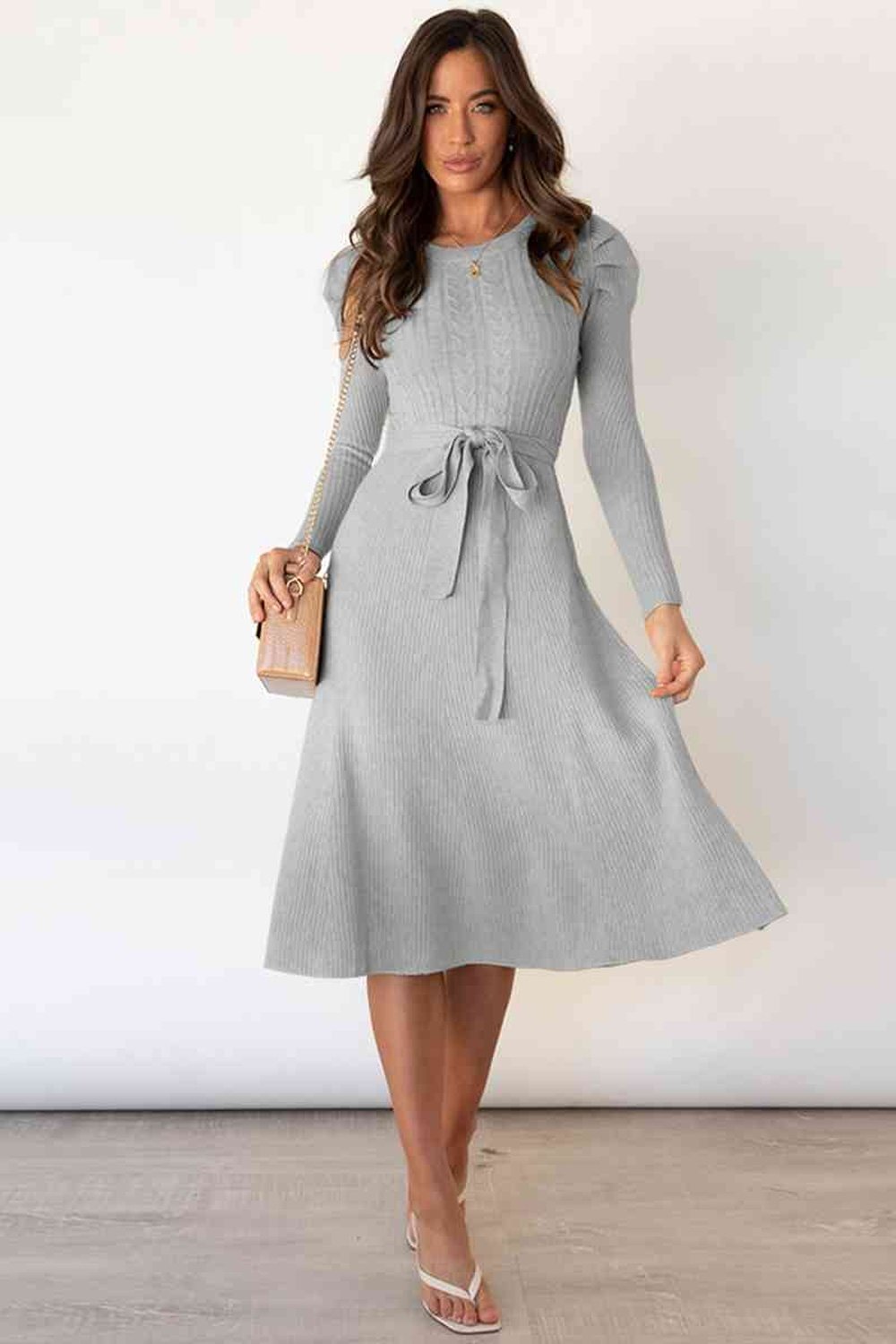 Round Neck Long Sleeve Tie Waist Sweater Dress - Sweater Dresses - FITGGINS