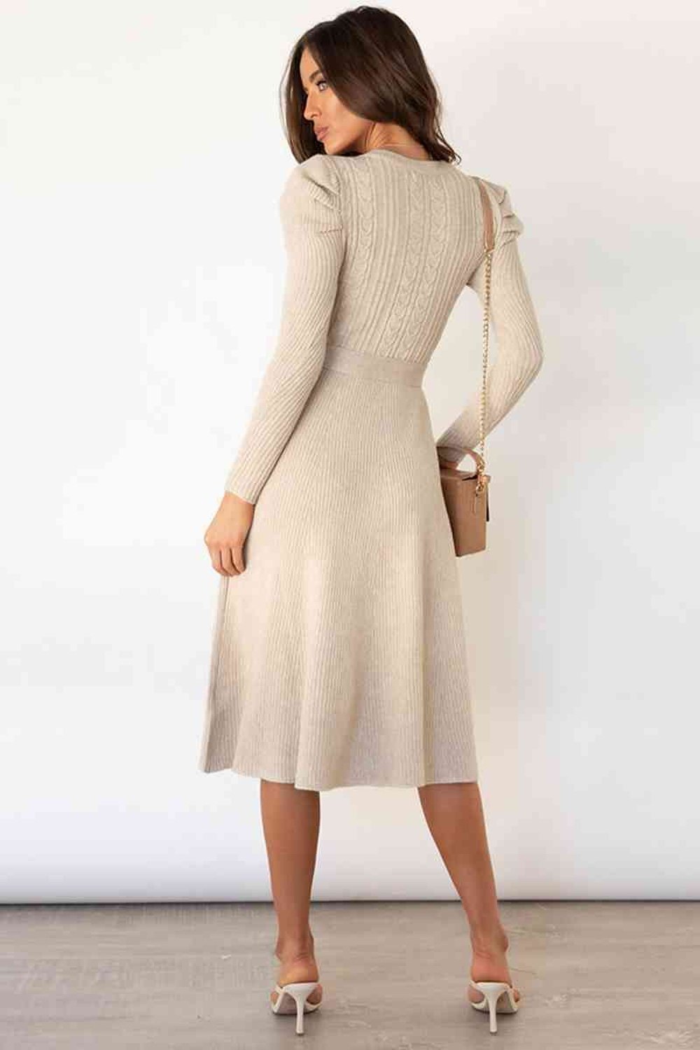 Round Neck Long Sleeve Tie Waist Sweater Dress - Sweater Dresses - FITGGINS