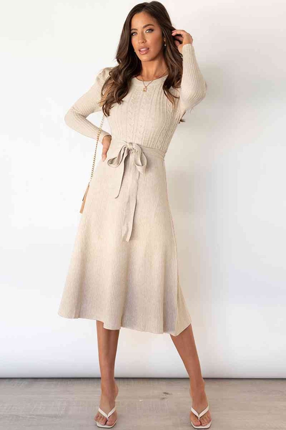 Round Neck Long Sleeve Tie Waist Sweater Dress - Sweater Dresses - FITGGINS