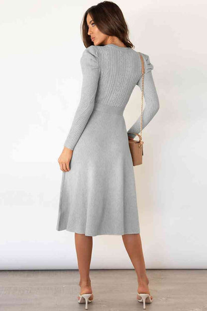 Round Neck Long Sleeve Tie Waist Sweater Dress - Sweater Dresses - FITGGINS