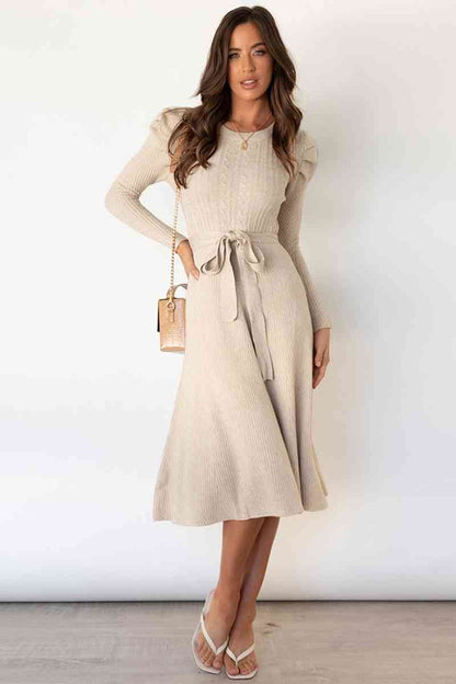 Round Neck Long Sleeve Tie Waist Sweater Dress - Sweater Dresses - FITGGINS