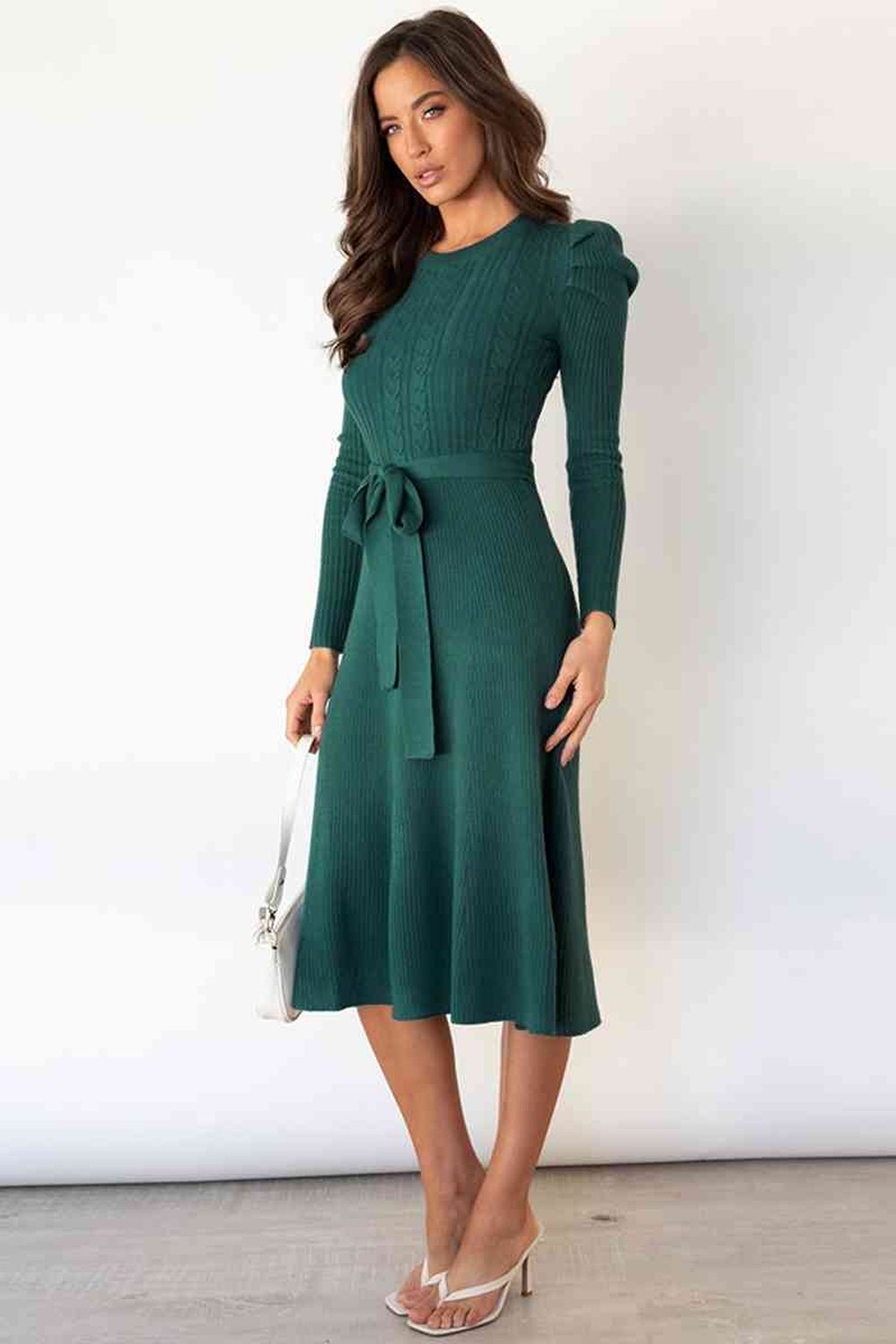 Round Neck Long Sleeve Tie Waist Sweater Dress - Sweater Dresses - FITGGINS