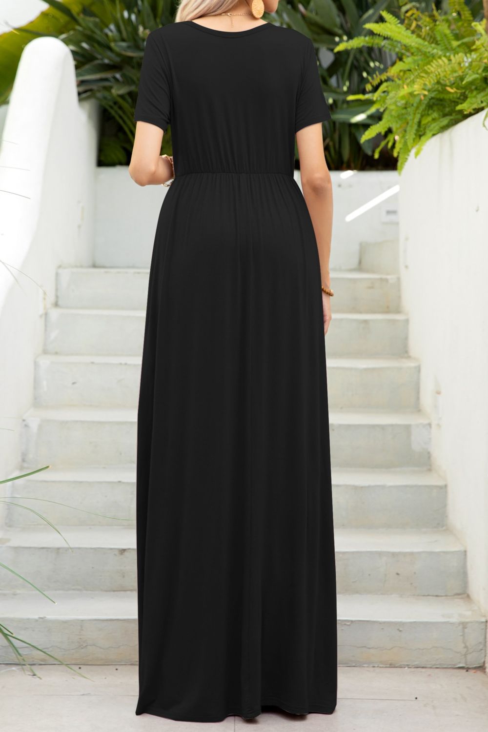 Round Neck Maxi Tee Dress with Pockets - Casual & Maxi Dresses - FITGGINS