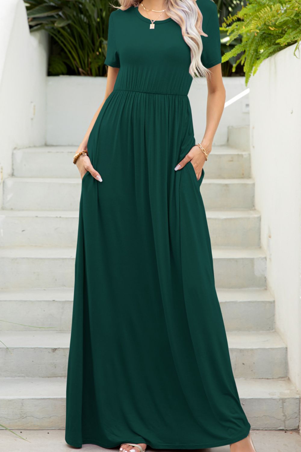 Round Neck Maxi Tee Dress with Pockets - Casual & Maxi Dresses - FITGGINS