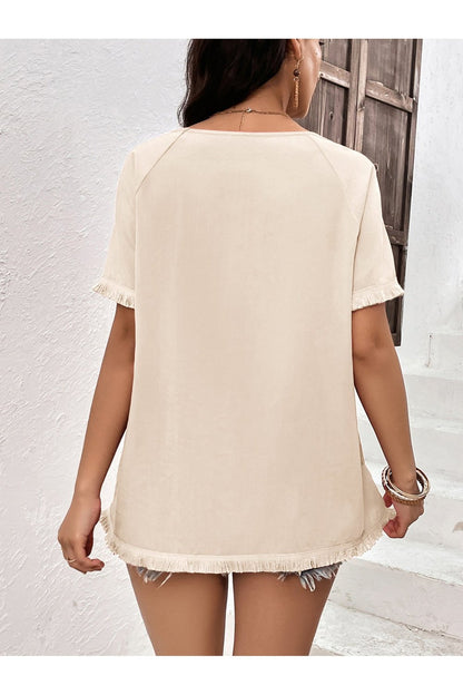 Round Neck Raglan Sleeve Fringe Detail Top - Blouses - FITGGINS