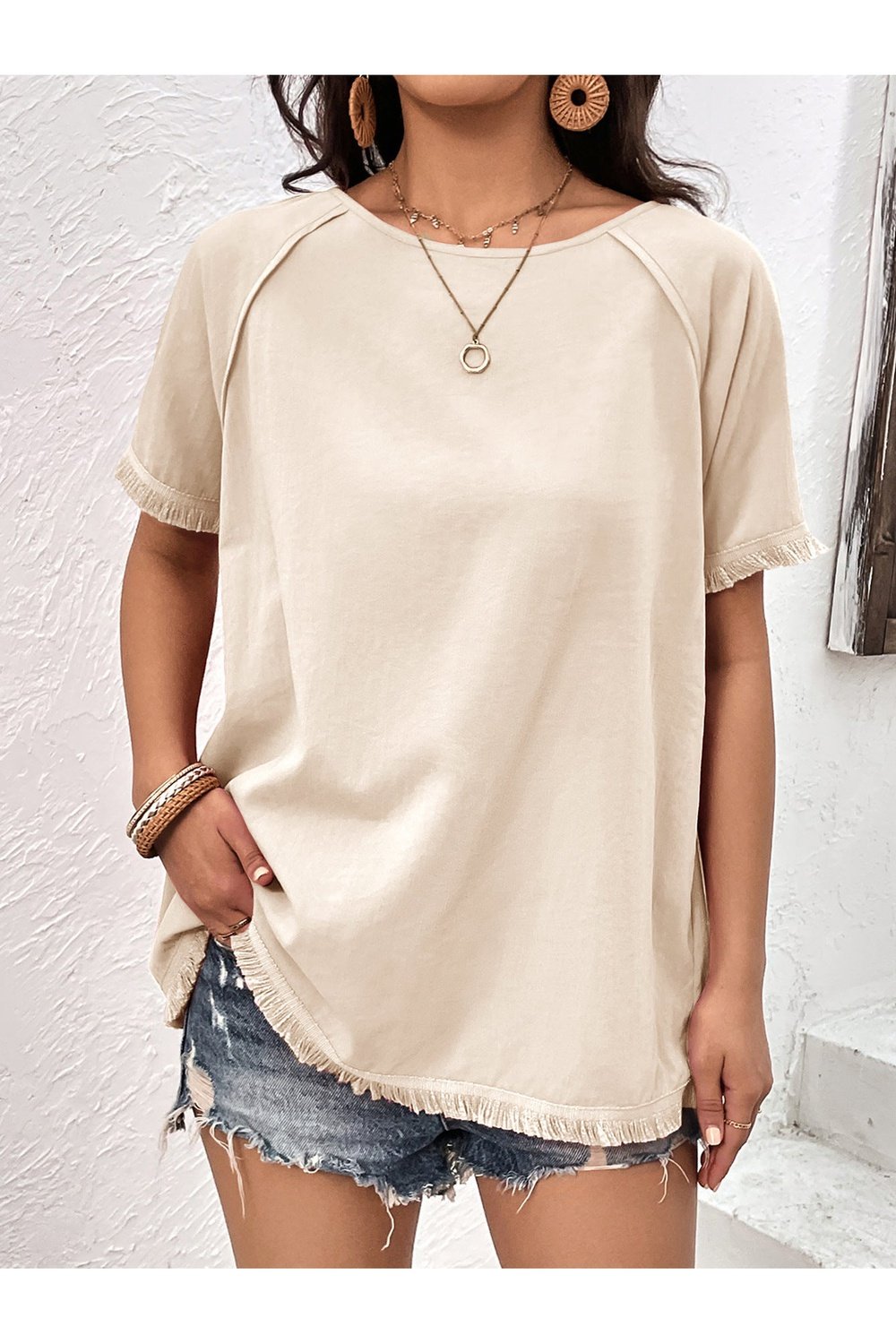 Round Neck Raglan Sleeve Fringe Detail Top - Blouses - FITGGINS