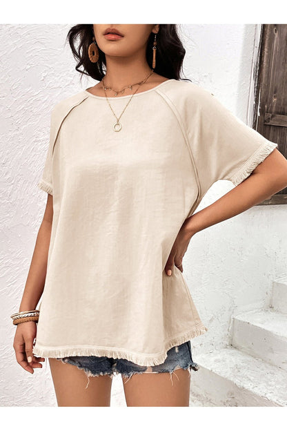 Round Neck Raglan Sleeve Fringe Detail Top - Blouses - FITGGINS