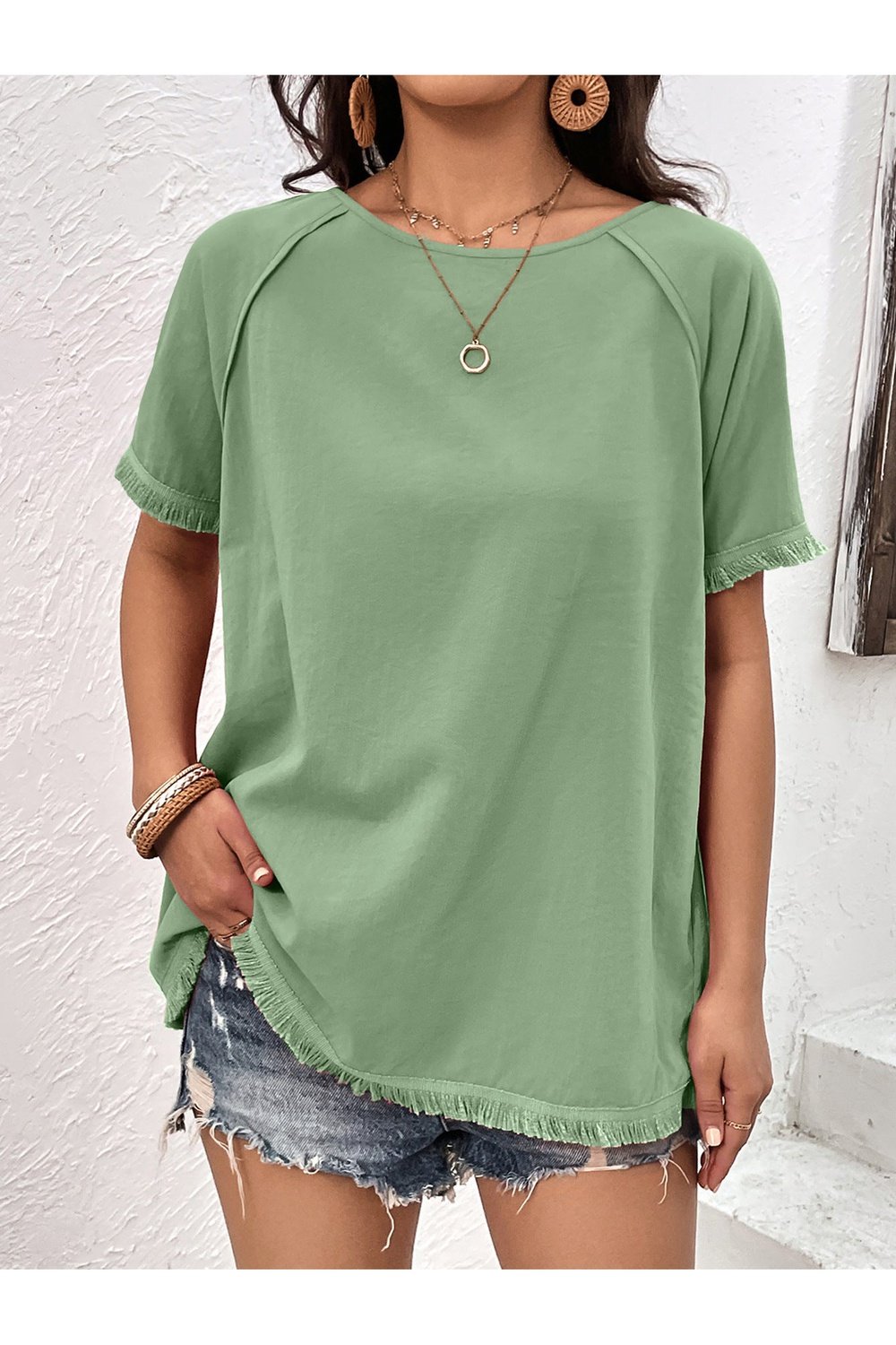 Fringe Detail Round Neck Raglan Sleeve Top