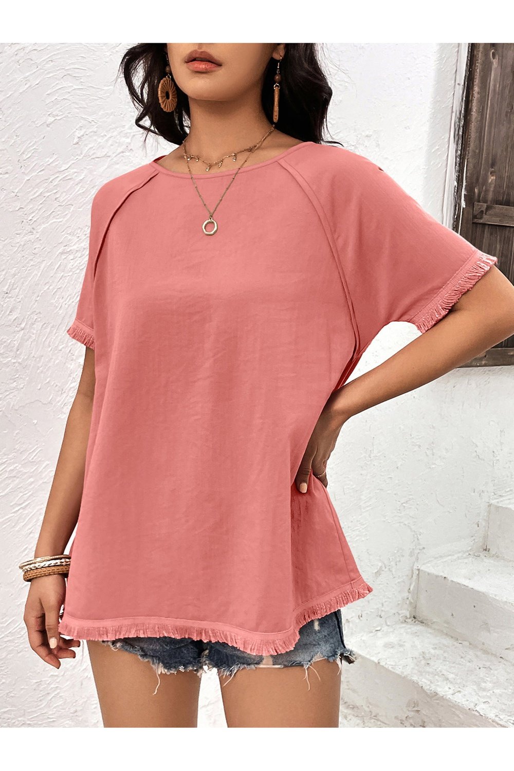 Round Neck Raglan Sleeve Fringe Detail Top - Blouses - FITGGINS