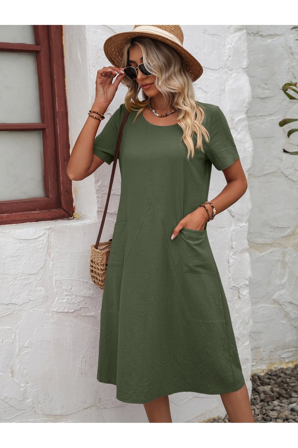 Round Neck Short Sleeve Dress with Pockets - Casual & Maxi Dresses - FITGGINS