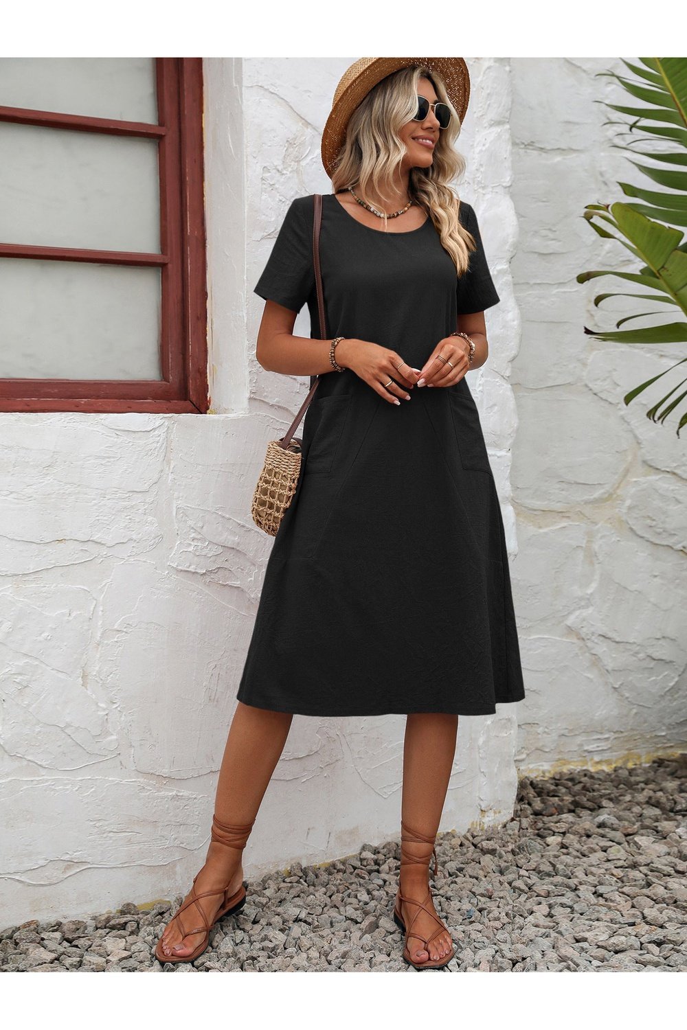 Round Neck Short Sleeve Dress with Pockets - Casual & Maxi Dresses - FITGGINS