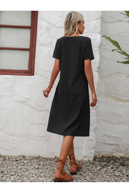 Round Neck Short Sleeve Dress with Pockets - Casual & Maxi Dresses - FITGGINS