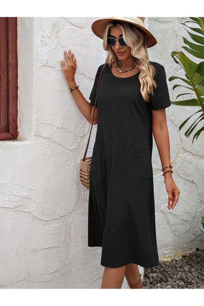 Round Neck Short Sleeve Dress with Pockets - Casual & Maxi Dresses - FITGGINS