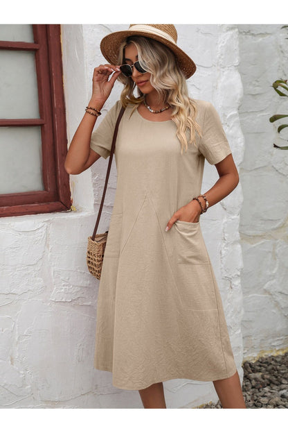 Round Neck Short Sleeve Dress with Pockets - Casual & Maxi Dresses - FITGGINS