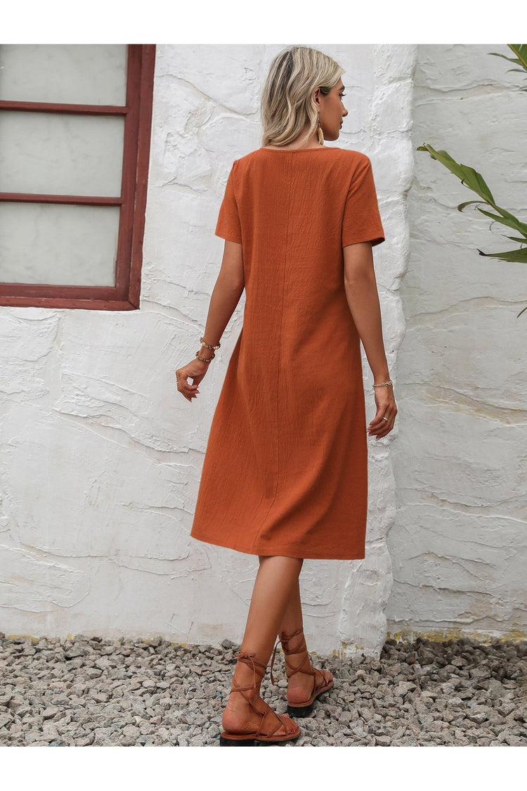 Round Neck Short Sleeve Dress with Pockets